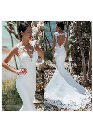 Mermaid White Vintage Lace Satin Cutout Back Wedding Dress